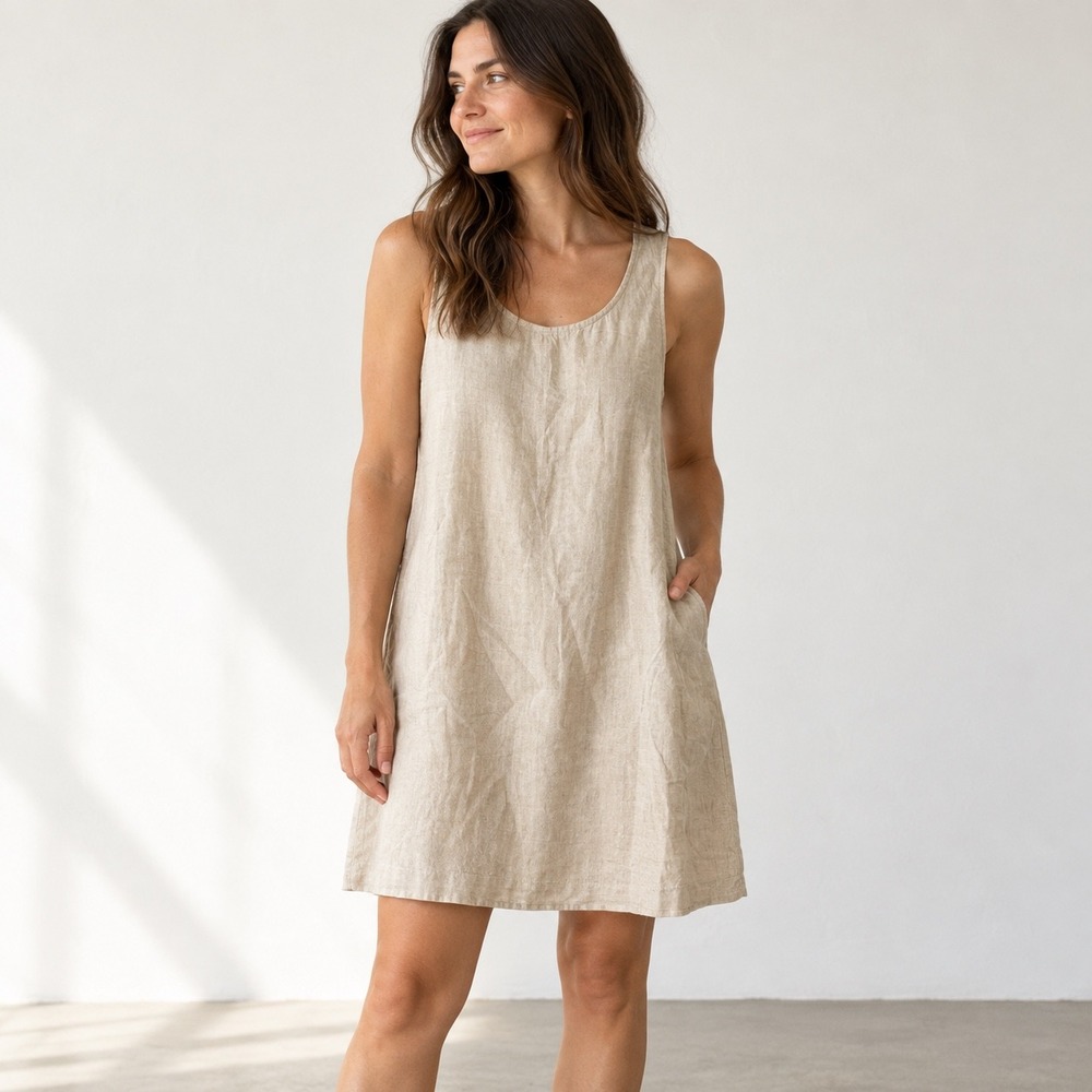 St Tropez West Linen Shift Dress Wmn 4 Beige Coastal Minimalist Sleeveles Pocket